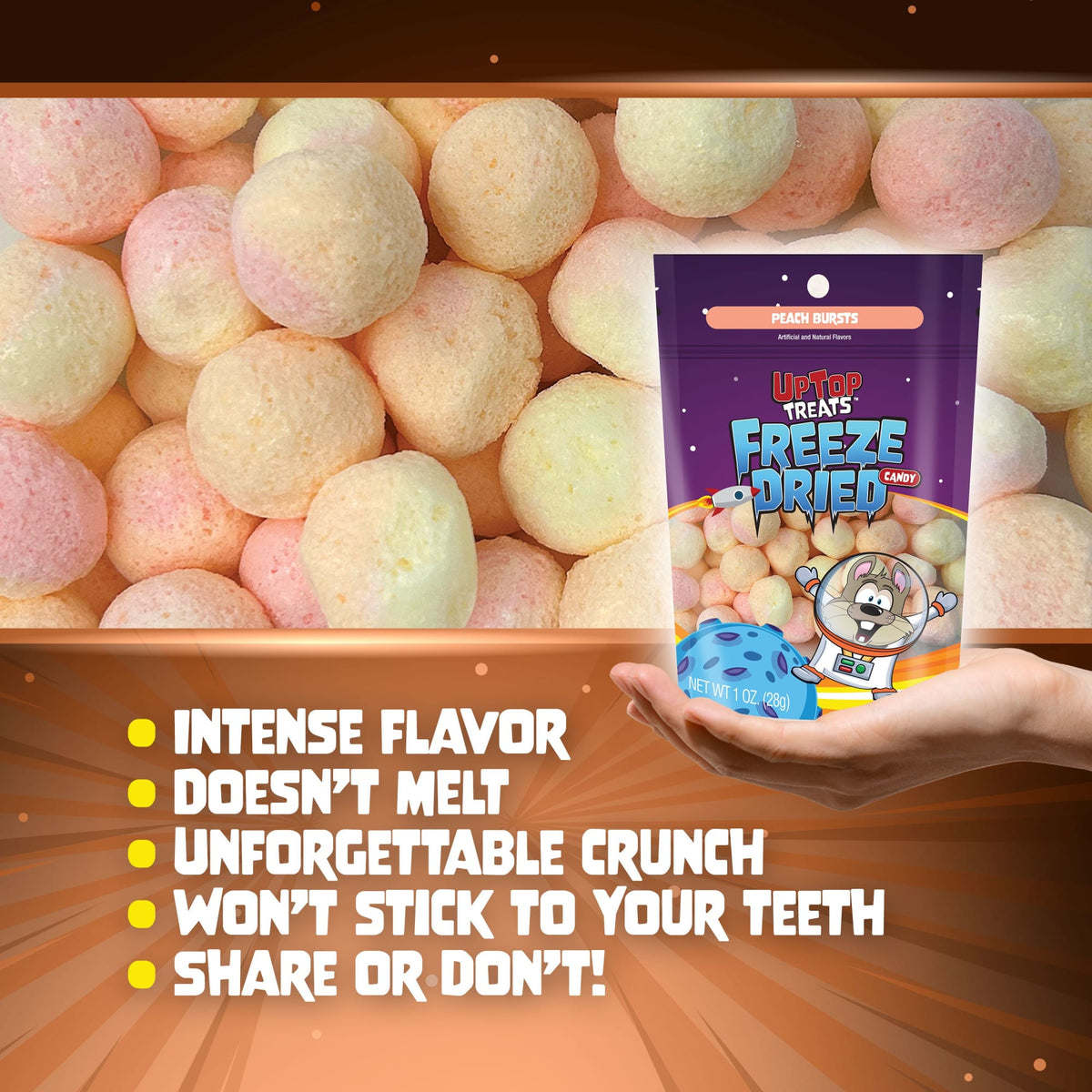 Peach Bursts - Freeze Dried Candy - Sour Puff Balls UpTop_PeachBurst_12