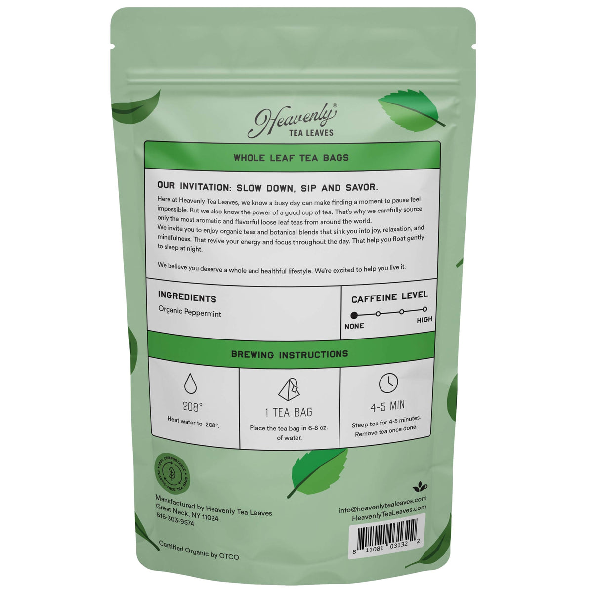 Heavenly Tea Leaves Organic Peppermint, Bulk Compostable Pyramid Tea Bags, 50 Count HCH950-BS