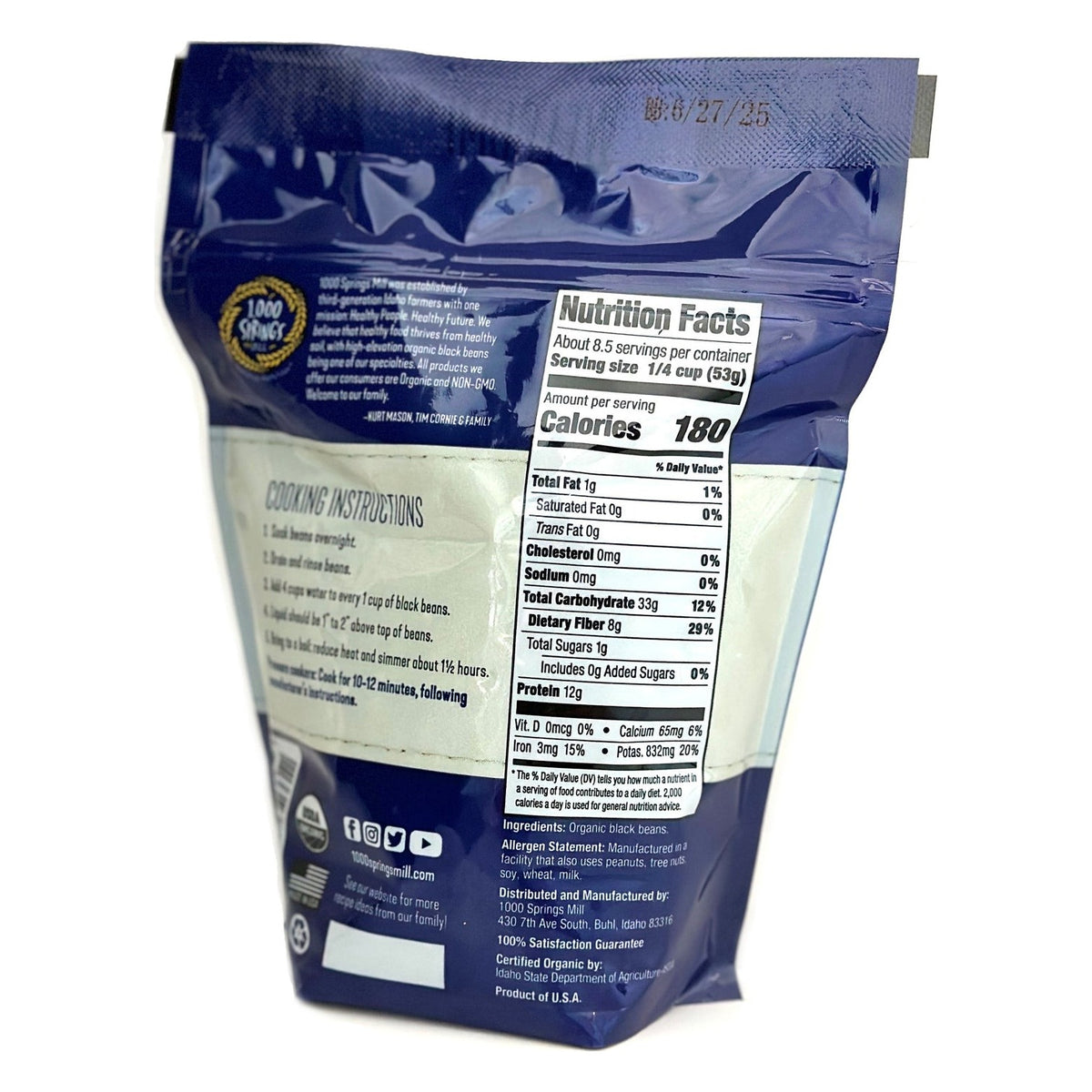 Back of the 1000 Springs Mill Organic Black Beans package, with ingredients and brewing instructions