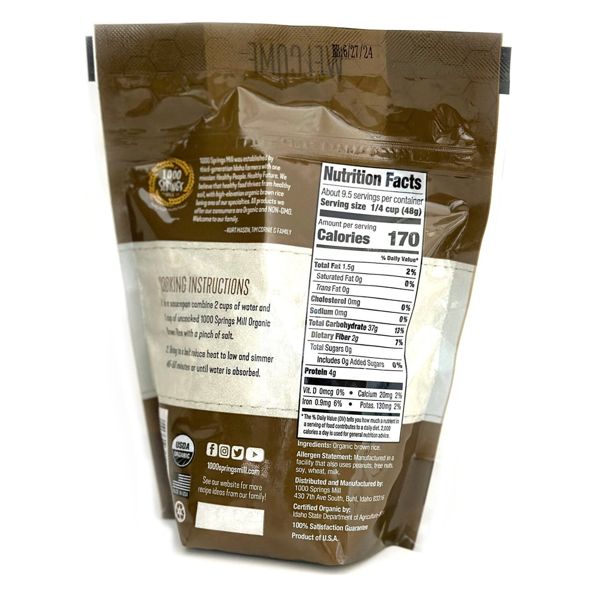 Back of the 1000 Springs Mill Organic Brown Rice package, with ingredients and brewing instructions