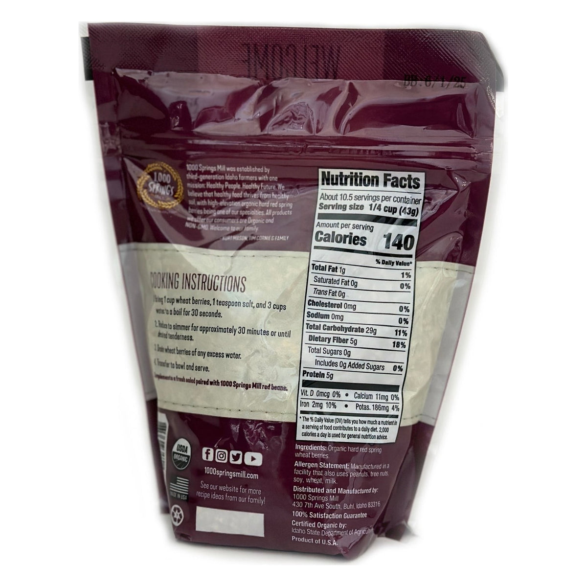Back of the 1000 Springs Mill Organic Hard Red Spring Wheat Berries package, with ingredients and brewing instructions
