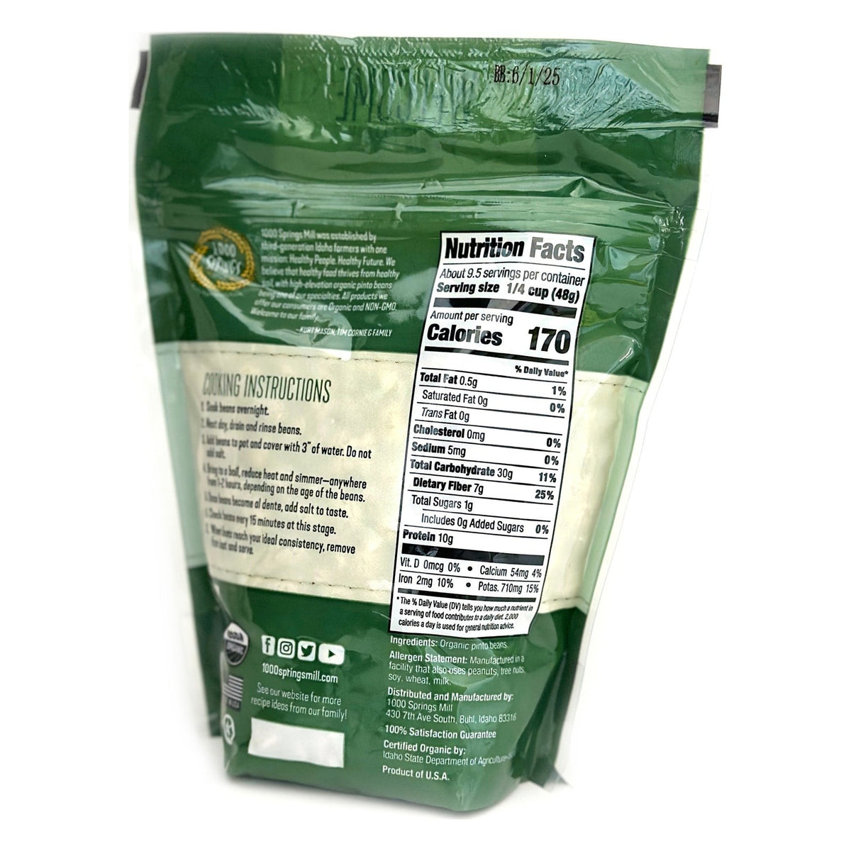 Back of the 1000 Springs Mill Organic Pinto Beans package, with ingredients and brewing instructions
