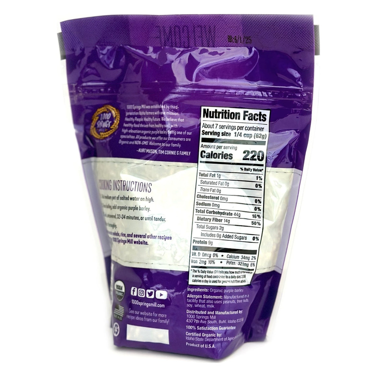 Back of the 1000 Springs Mill Organic Purple Barley package, with ingredients and brewing instructions