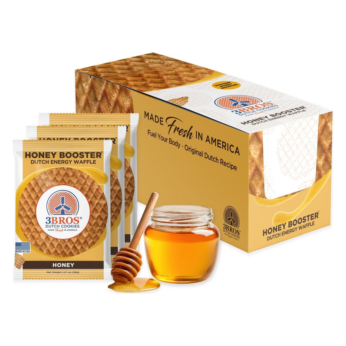 Close-up of 3 Bros Cookies Honey Booster Dutch Energy Waffles as it comes out of the package