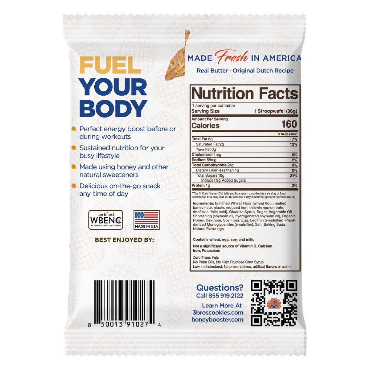 Back of the 3 Bros Cookies Honey Booster Dutch Energy Waffle package, with ingredients and brewing instructions