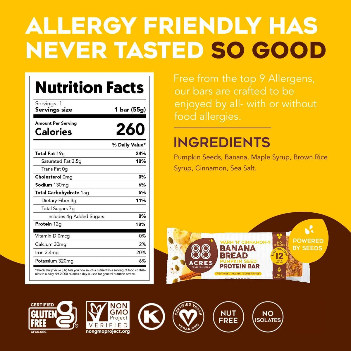 Nutrition facts and ingredient panel for 88 Acres Banana Bread Seed Protein Bar