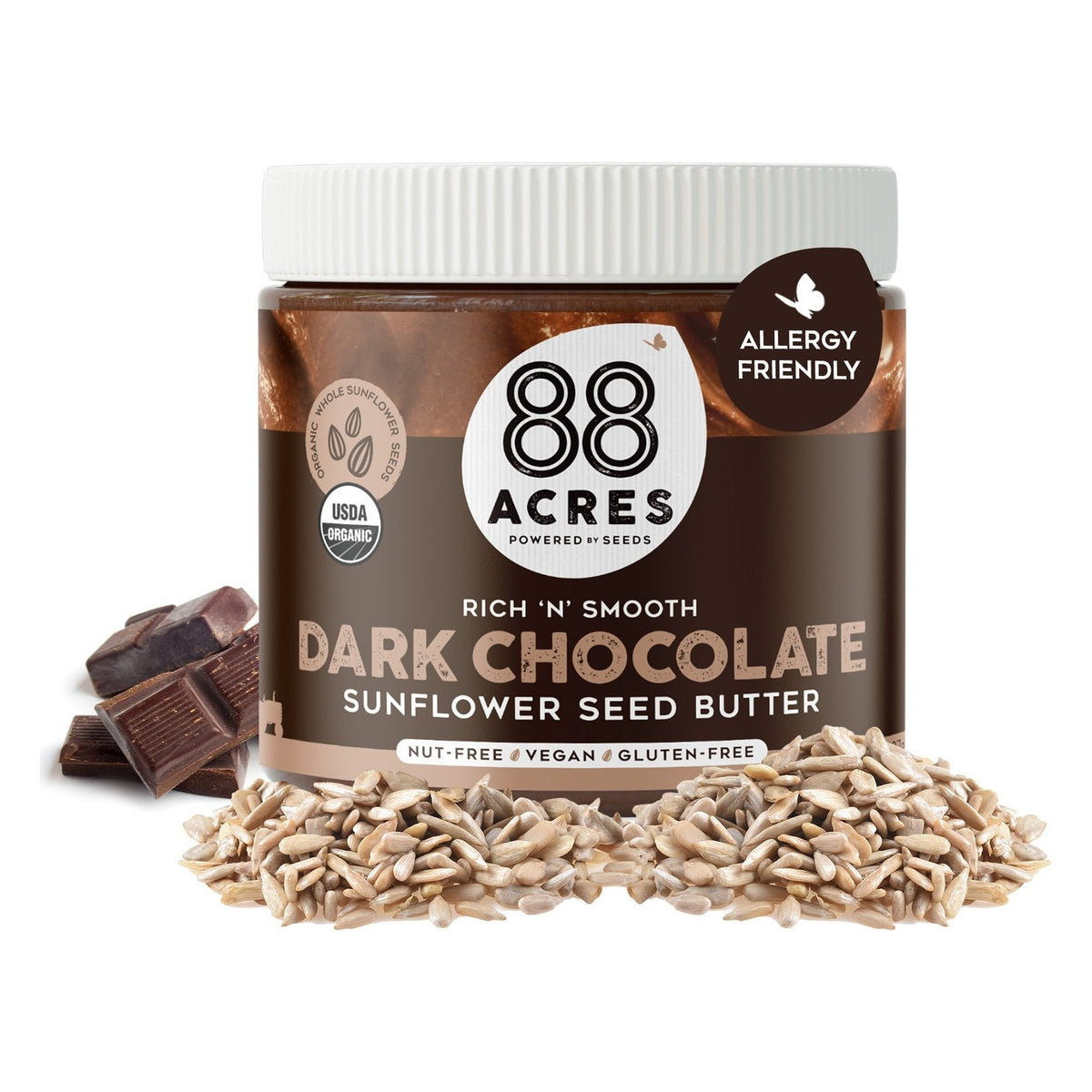 88 Acres Dark Chocolate Sunflower Seed Butter, front of the package