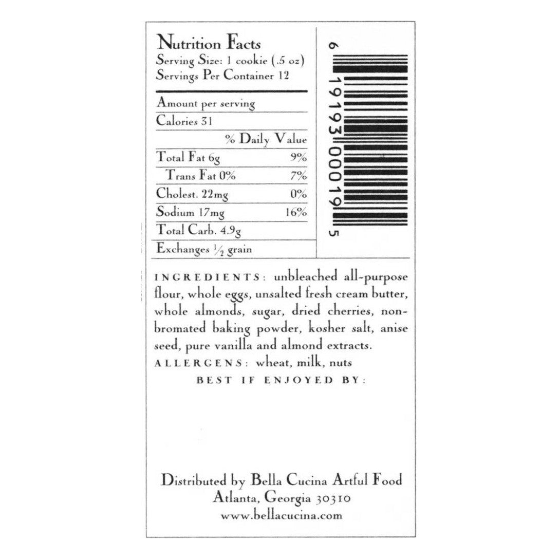 Nutrition facts and ingredient panel for Bella Cucina Dried Cherry & Almond Biscotti