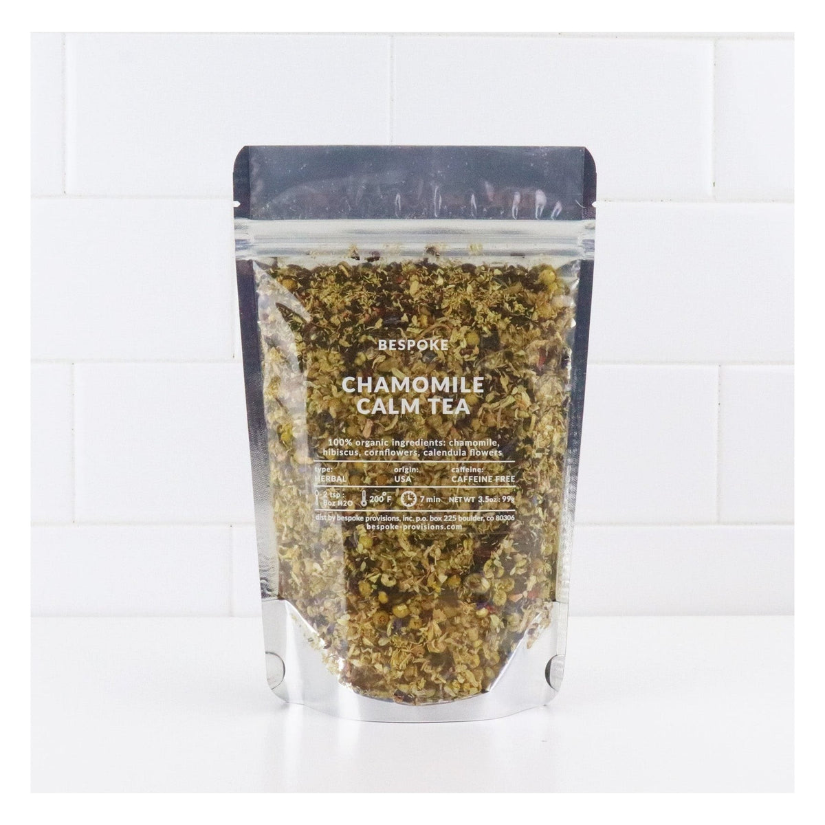 Bespoke Provisions Chamomile Calm Herbal Tea, Loose Leaf, front of the package