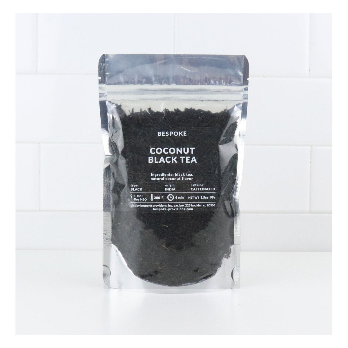 Bespoke Provisions Coconut Black Tea, Loose Leaf, front of the package