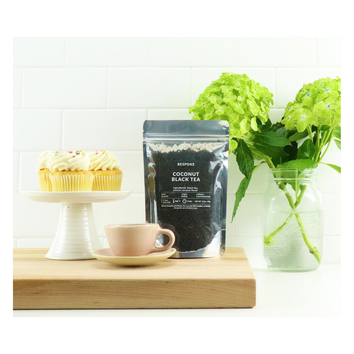 Bespoke Provisions Coconut Black Tea, Loose Leaf styled on a table