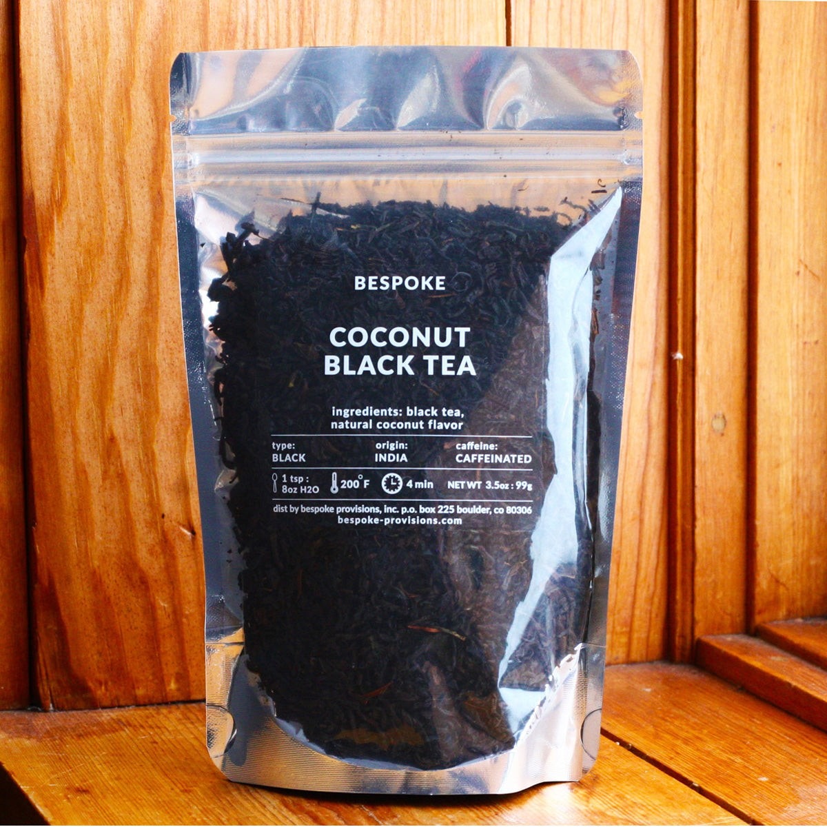 Bespoke Provisions Coconut Black Tea, Loose Leaf styled on a table