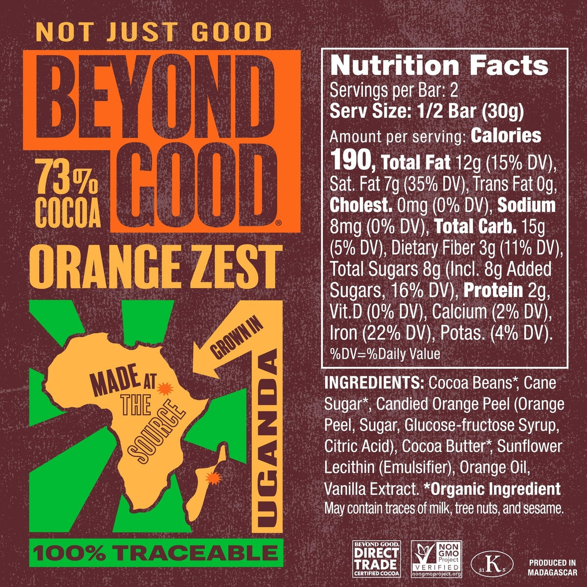 Nutrition facts and ingredient panel for Beyond Good Orange Zest 73% Uganda Dark Chocolate Bar
