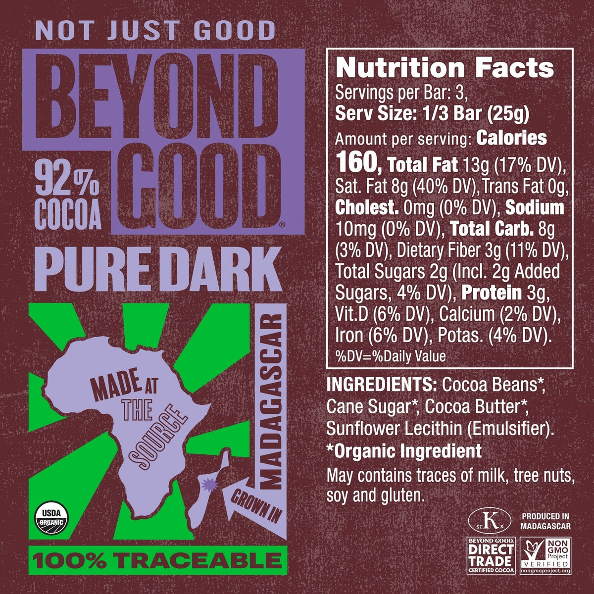 Nutrition facts and ingredient panel for Beyond Good 92% Madagascar Pure Dark Chocolate Bar