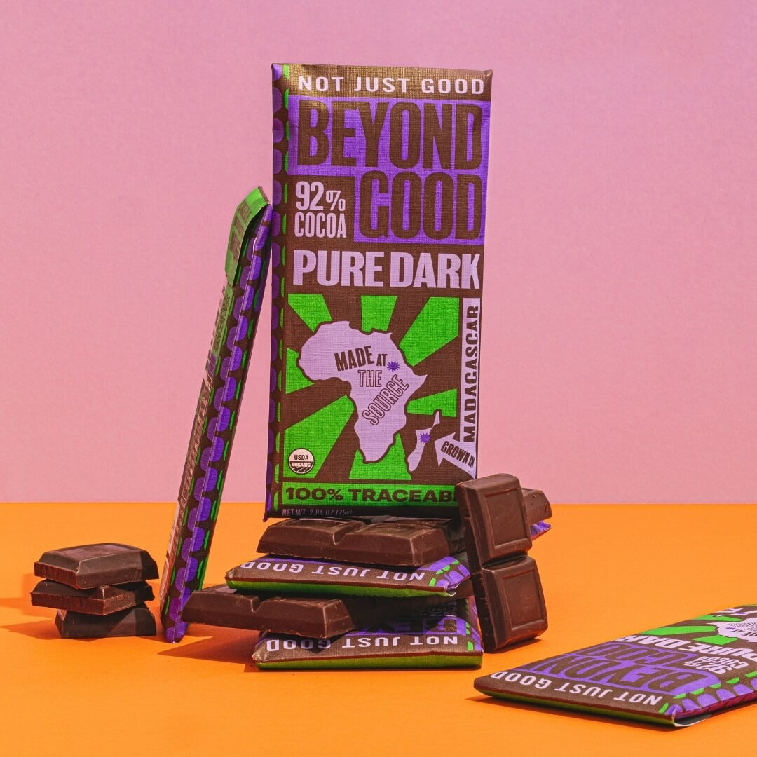 Beyond Good 92% Madagascar Pure Dark Chocolate Bar styled on a table