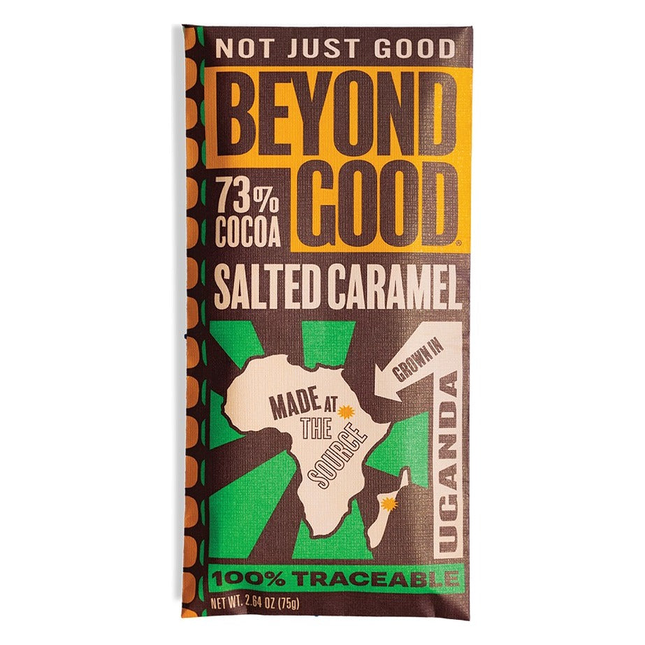 Beyond Good Salted Caramel 73% Uganda Dark Chocolate Bar, front of the package
