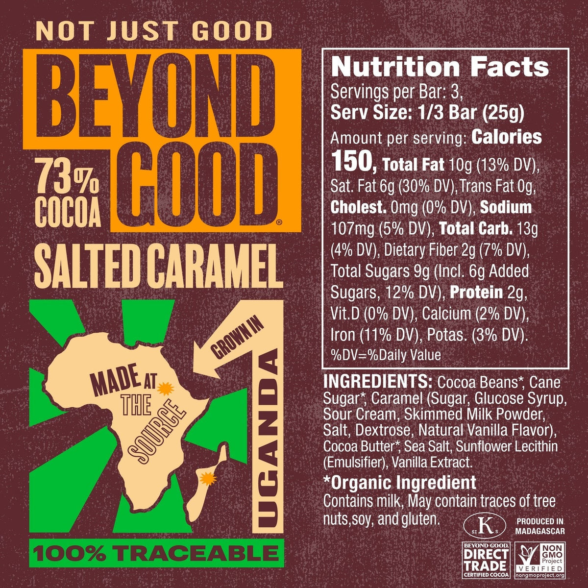 Nutrition facts and ingredient panel for Beyond Good Salted Caramel 73% Uganda Dark Chocolate Bar