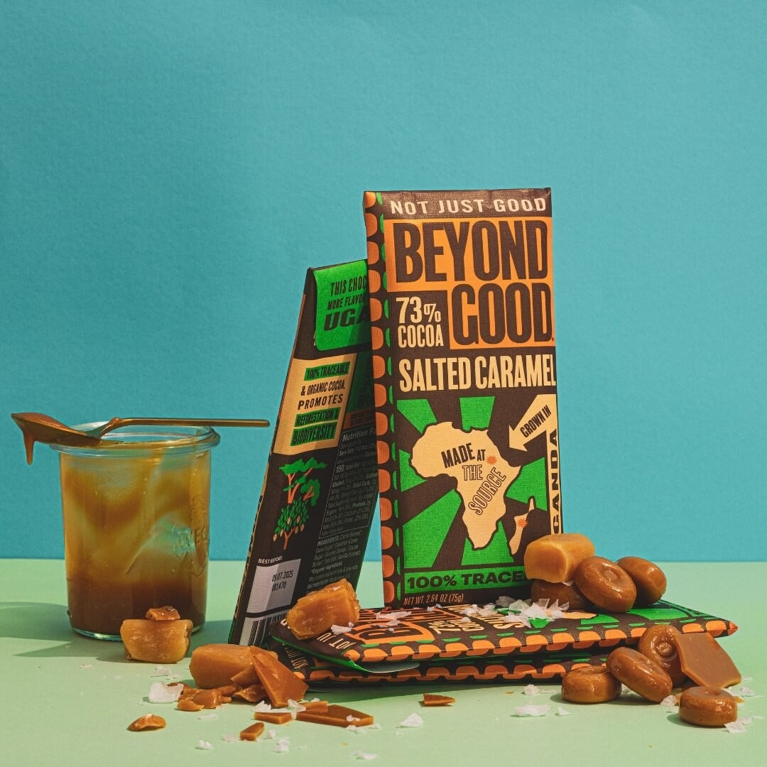 Beyond Good Salted Caramel 73% Uganda Dark Chocolate Bar styled on a table