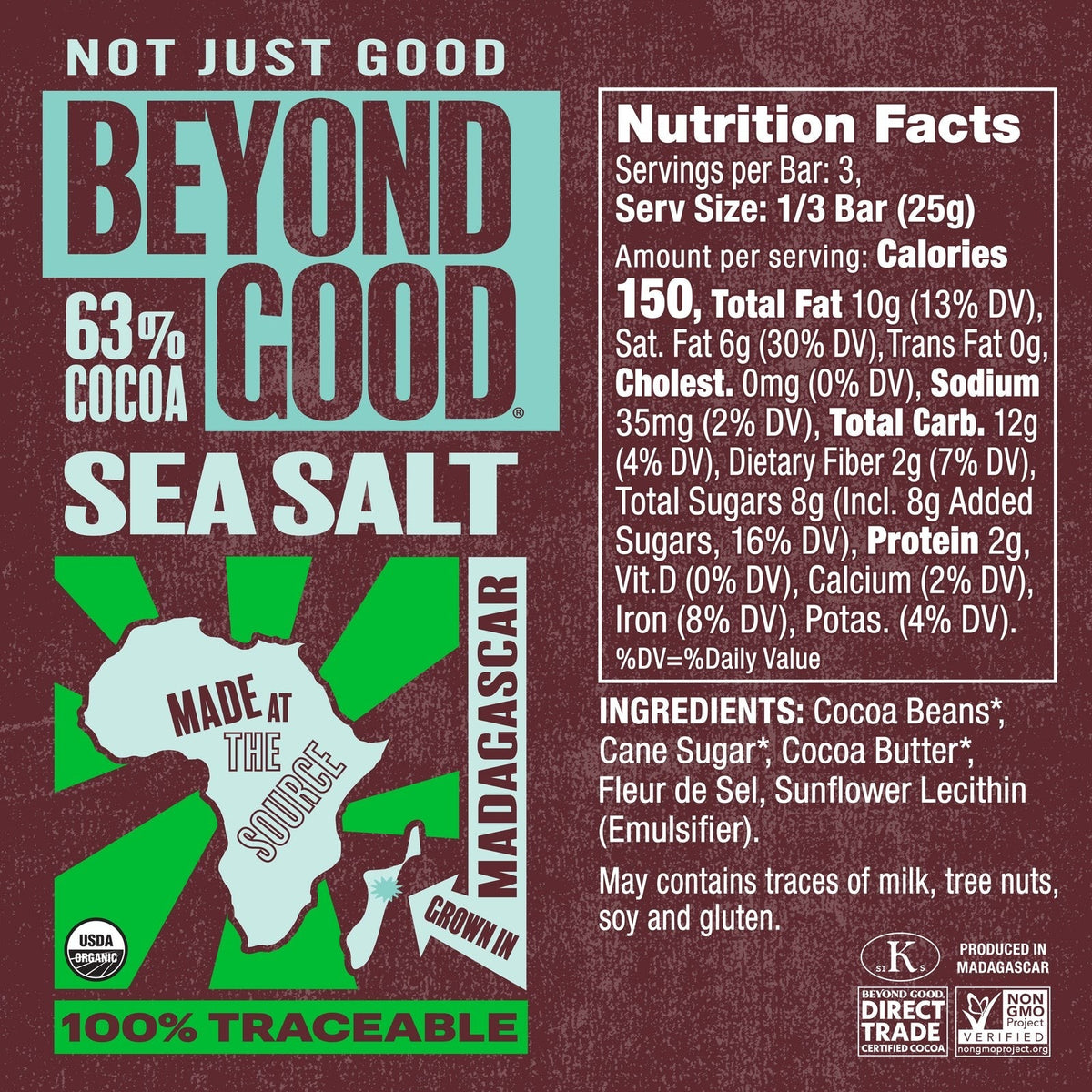 Nutrition facts and ingredient panel for Beyond Good Sea Salt & Nibs 63% Madagascar Dark Chocolate Bar