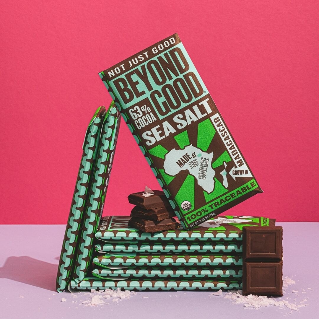 Beyond Good Sea Salt & Nibs 63% Madagascar Dark Chocolate Bar styled on a table