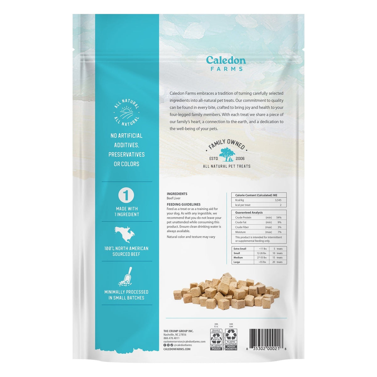 Back of the Caledon Farms Freeze-Dried Beef Liver Bites Dog Treats package, with ingredients and brewing instructions