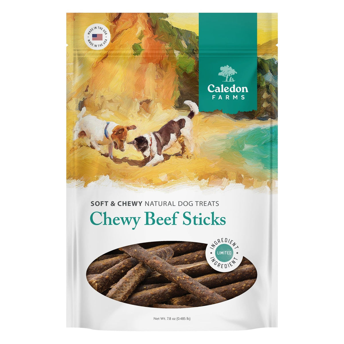 Caledon Farms Chewy Beef Sticks Dog Treats, front of the package