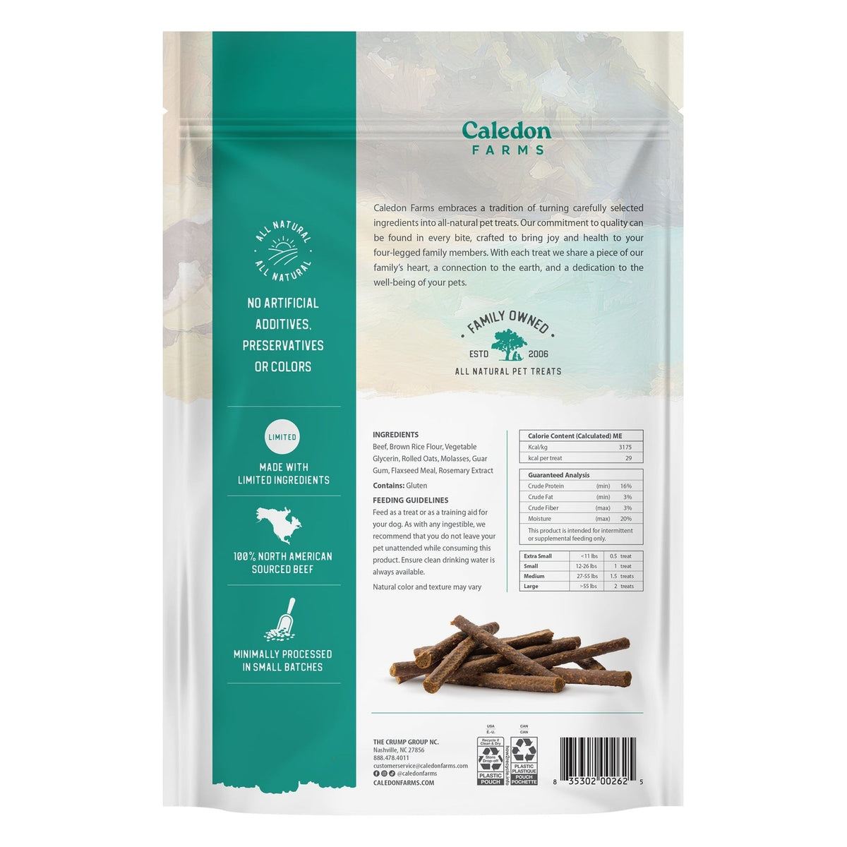 Back of the Caledon Farms Chewy Beef Sticks Dog Treats package, with ingredients and brewing instructions