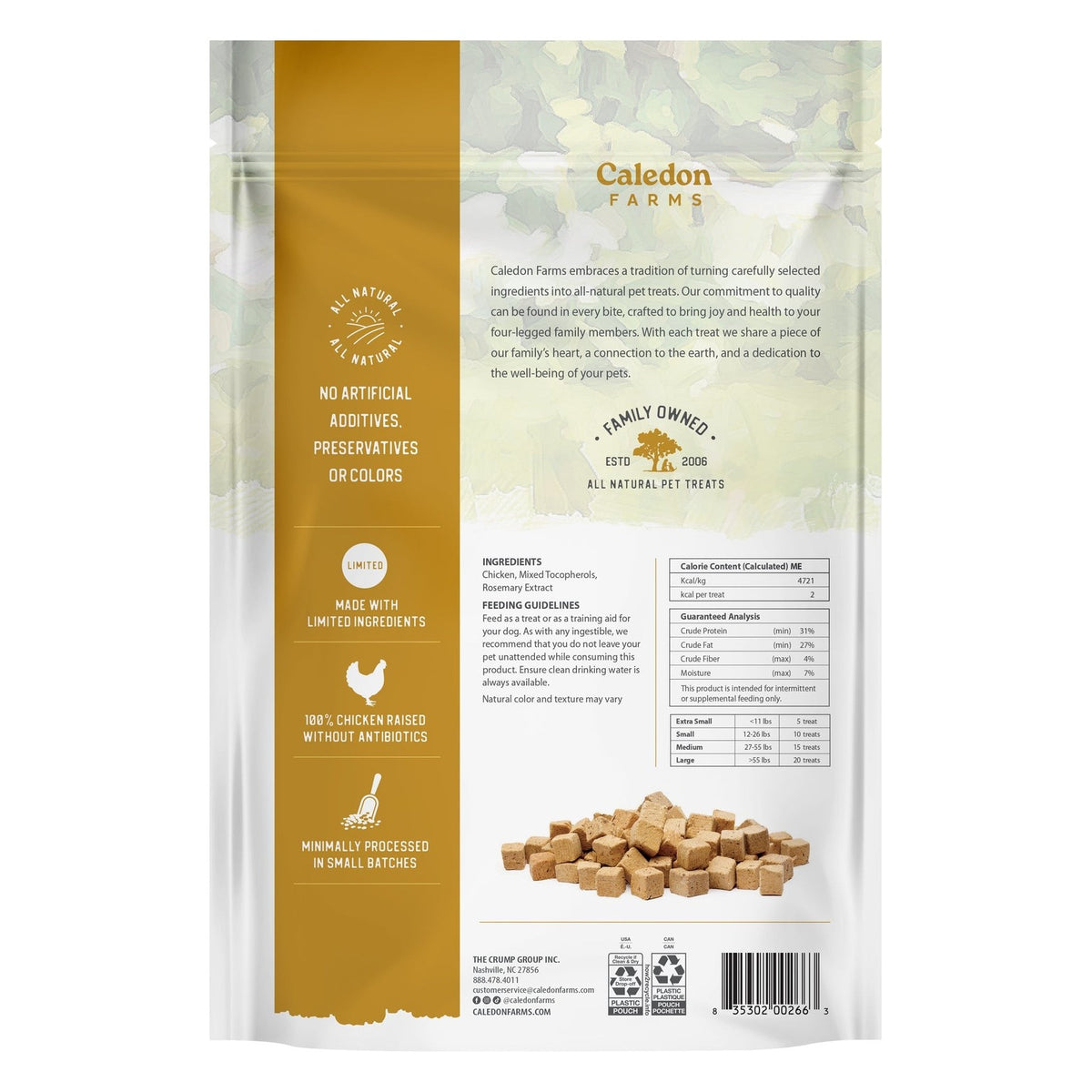 Back of the Caledon Farms Freeze-Dried Chicken Morsels Dog Treats package, with ingredients and brewing instructions