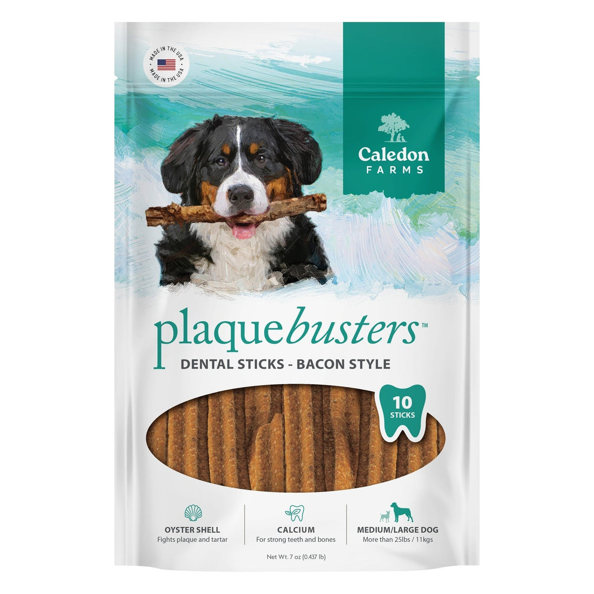 Caledon Farms Plaque Busters Bacon Dental Sticks Dog Treats, front of the package