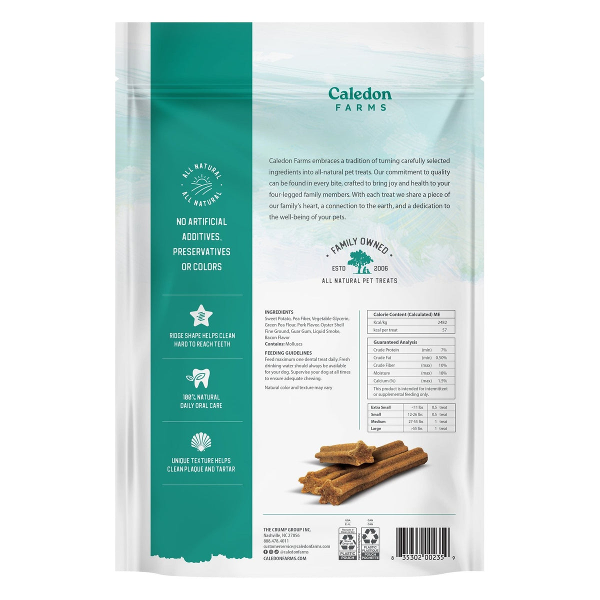 Back of the Caledon Farms Plaque Busters Bacon Dental Sticks Dog Treats package, with ingredients and brewing instructions