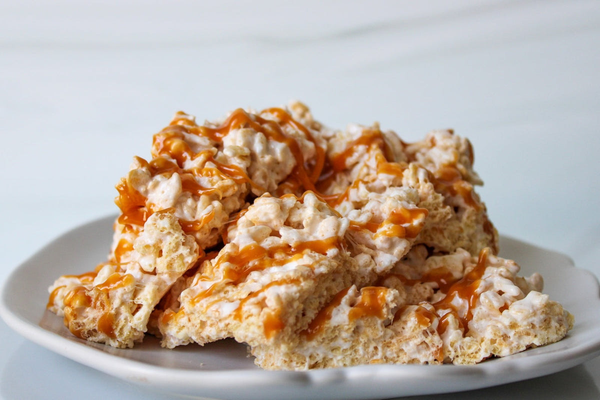 Creative Crispies Co. Salted Caramel Crispie Clusters styled on a table