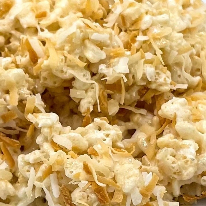Creative Crispies Co. Toasted Coconut Crispie Clusters styled on a table
