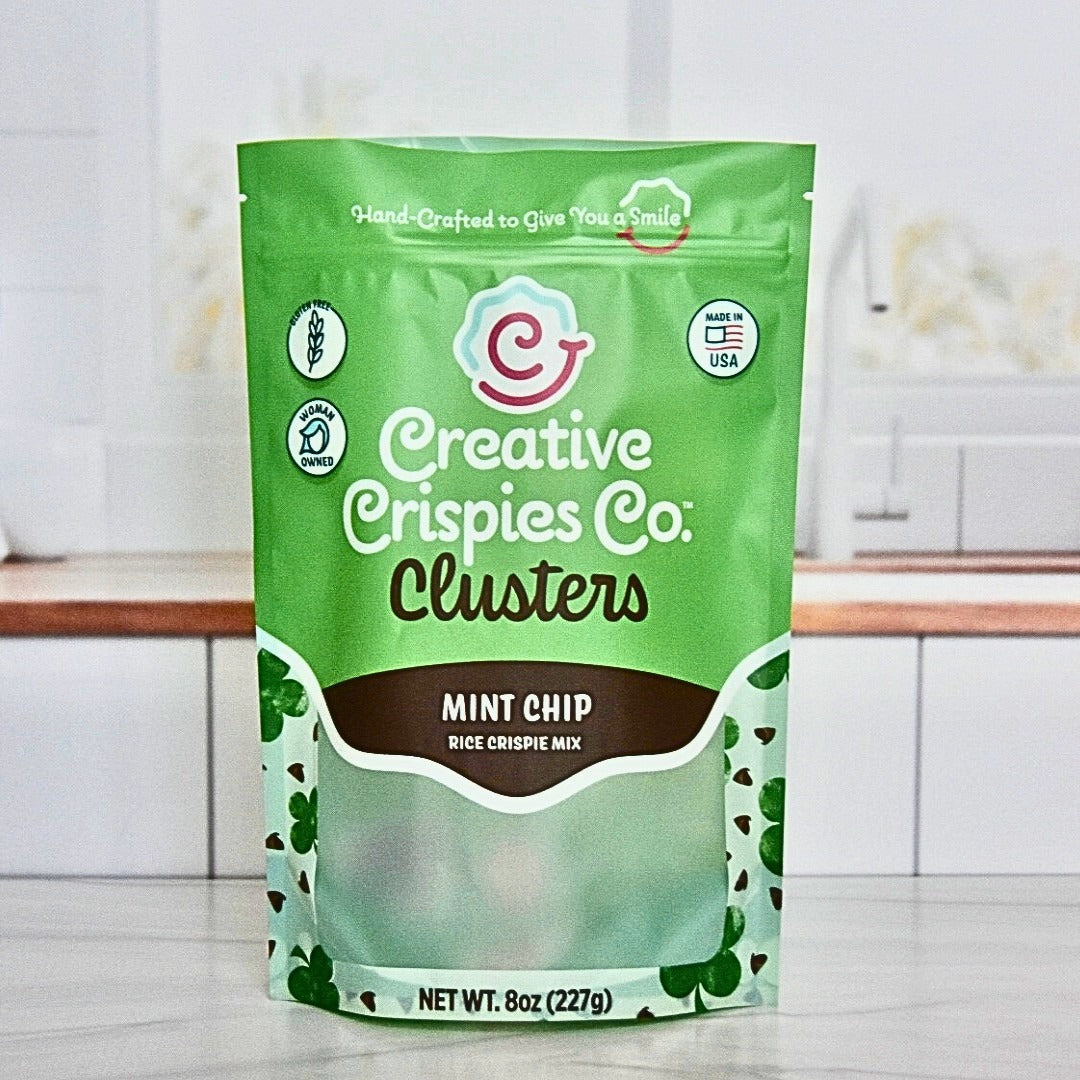 Creative Crispies Co. Mint Chip Crispie Clusters styled on a table