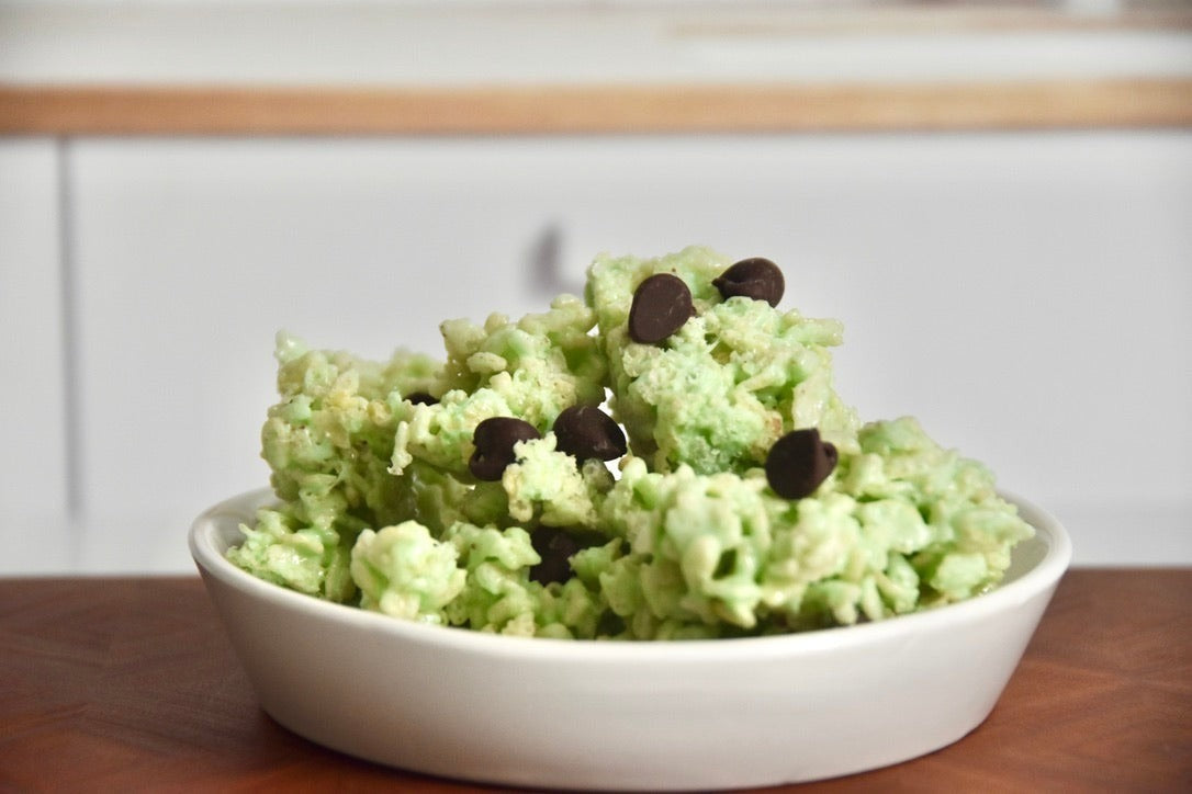 Creative Crispies Co. Mint Chip Crispie Clusters styled on a table