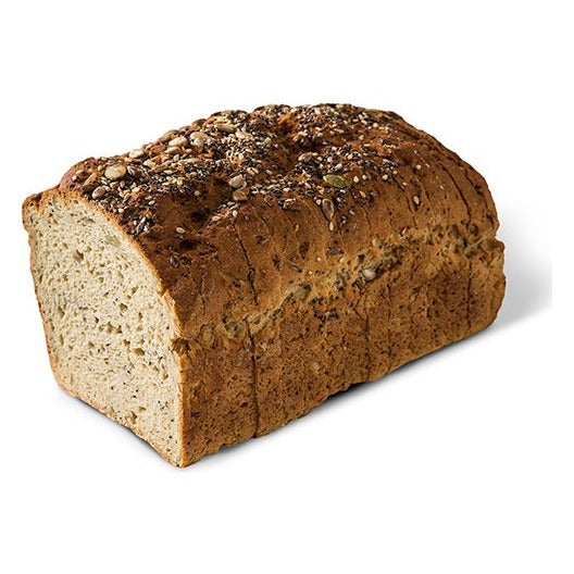Close-up of Eban's Bakehouse Gluten-Free Seeded Bread as it comes out of the package