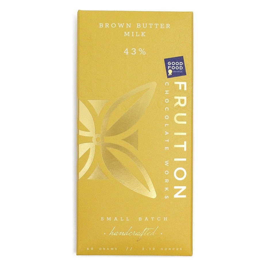 Fruition Chocolate Works Brown Butter Milk Chocolate 43% Bar, front of the package