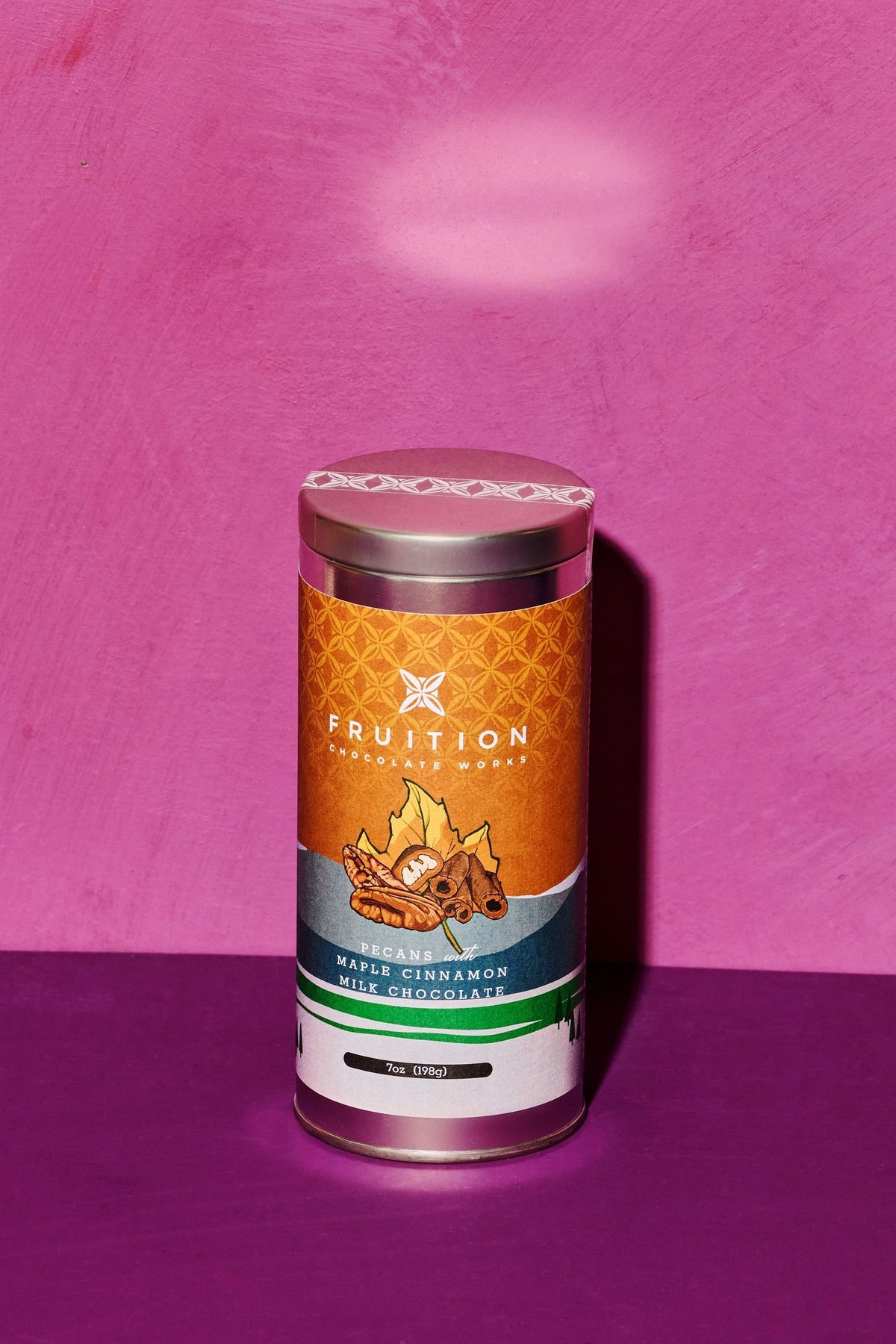 Fruition Chocolate Works Pecans with Maple Cinnamon Milk Chocolate, front of the package