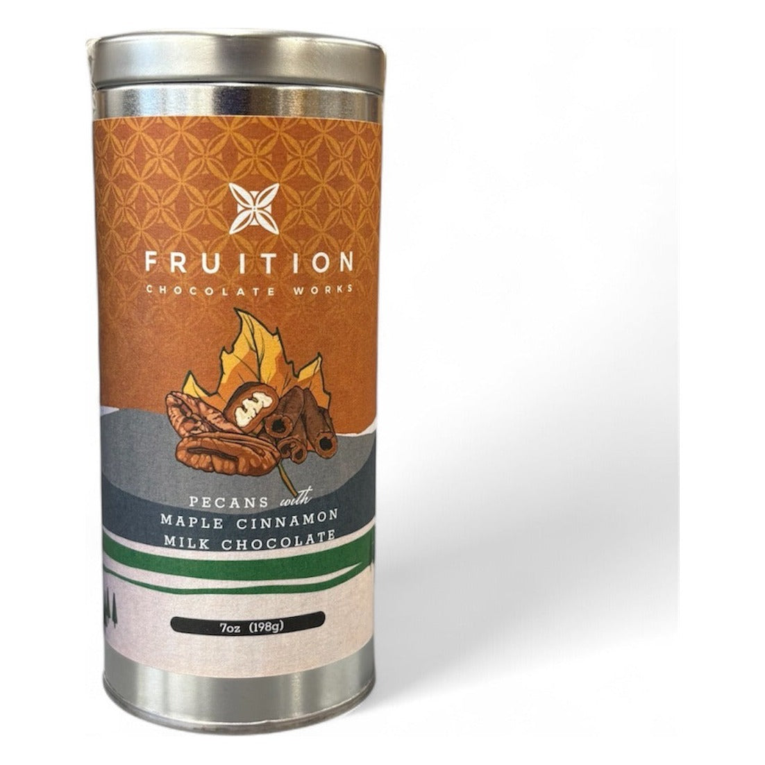 Fruition Chocolate Works Pecans with Maple Cinnamon Milk Chocolate styled on a table