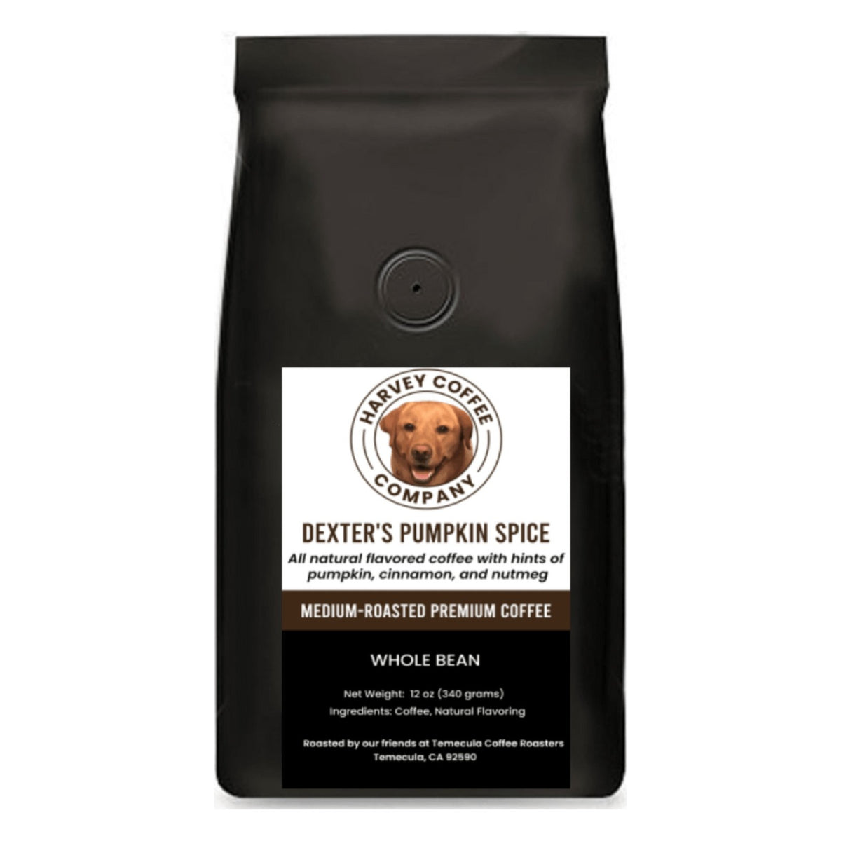 Harvey Coffee Company Dexter's Pumpkin Spice Whole Bean Coffee, front of the package