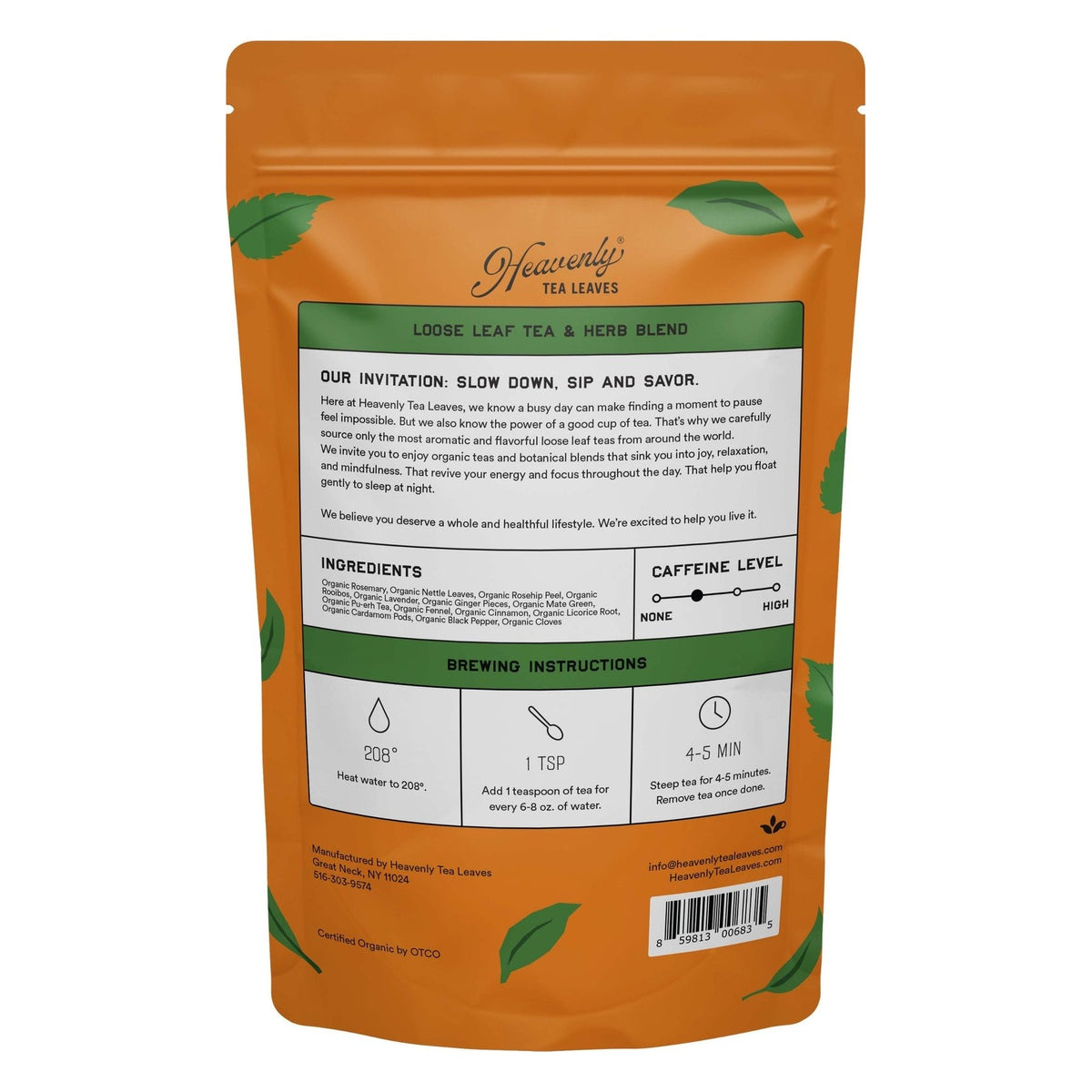 Back of the Heavenly Tea Leaves Organic Ginger Jazz Tea & Herb Blend, Loose Leaf package, with ingredients and brewing instructions