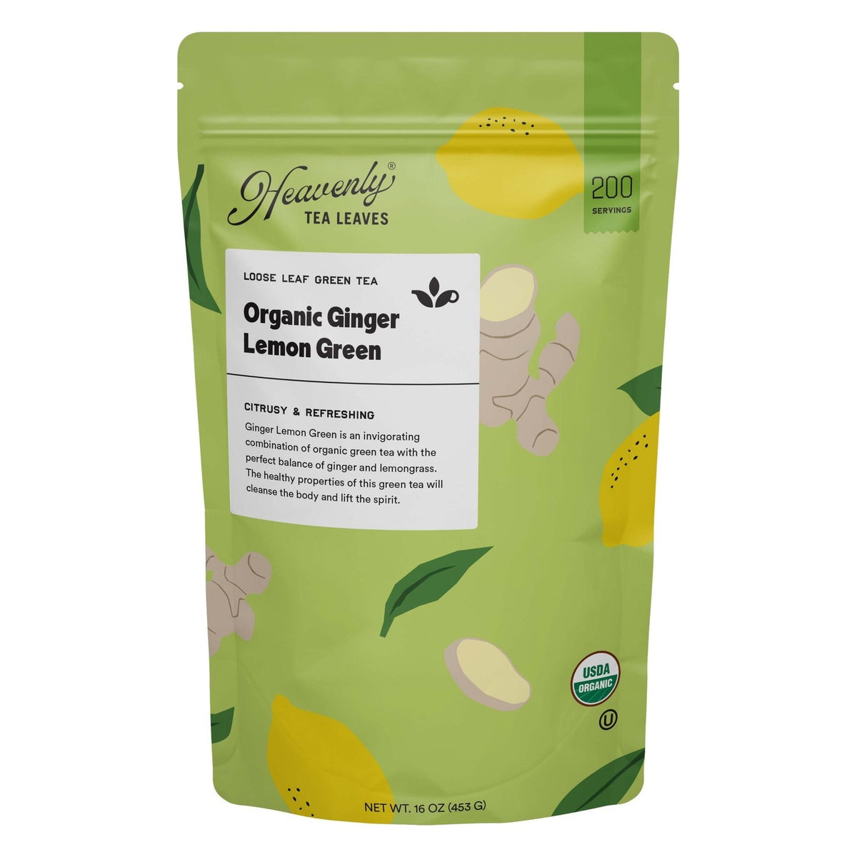 Heavenly Tea Leaves Organic Ginger Lemon Green Tea, Loose Leaf, front of the package