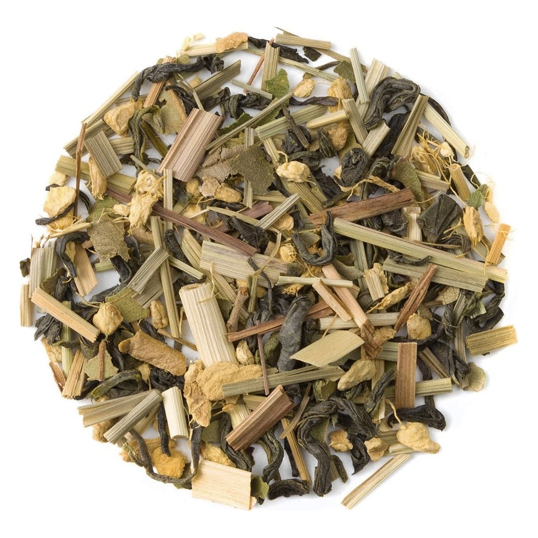 Close-up of Heavenly Tea Leaves Organic Ginger Lemon Green Tea, Loose Leaf as it comes out of the package