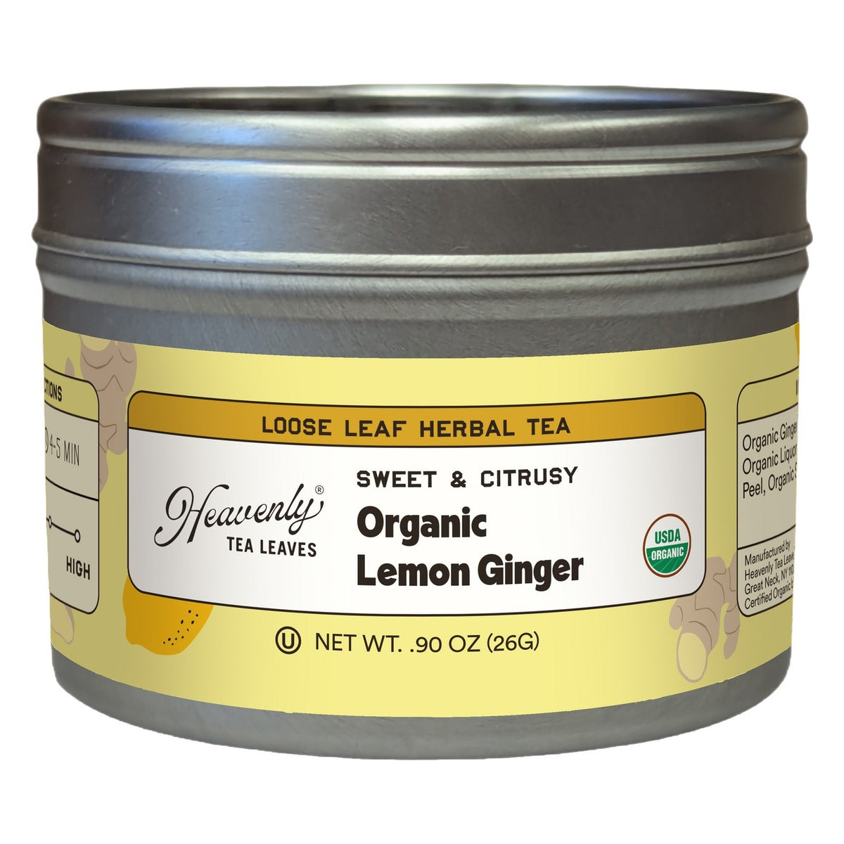 Heavenly Tea Leaves Organic Lemon Ginger Herbal Tea, Loose Leaf, front of the package