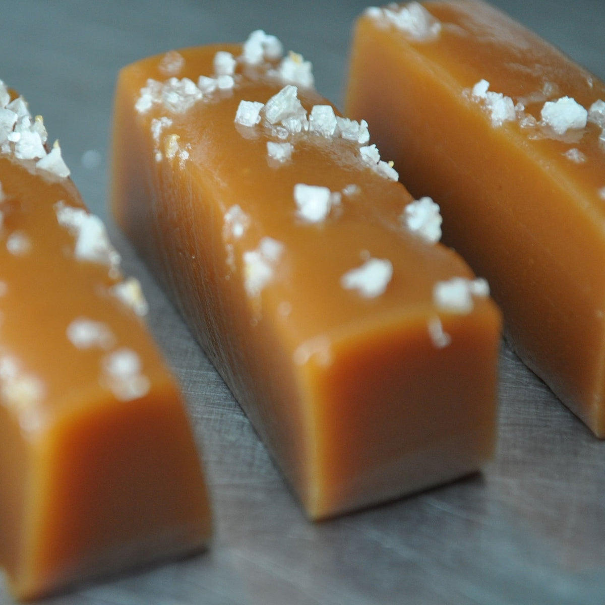 Close-up of Hope's Caramels Sea Salt Caramels as it comes out of the package