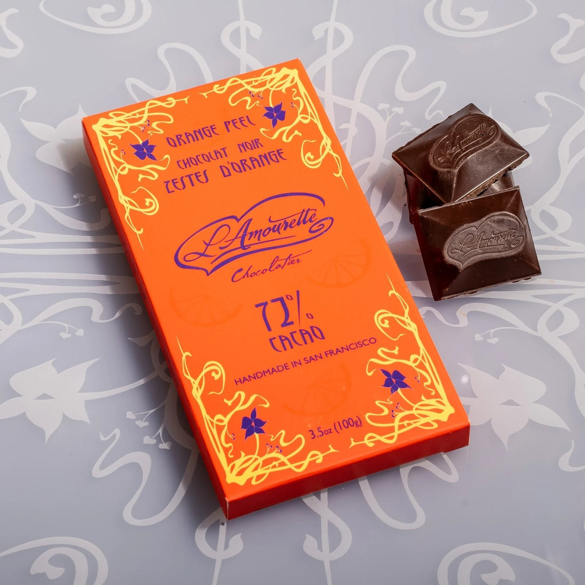 L'Amourette Chocolat 72% Dark Chocolate with Candied Orange Peel Bar, front of the package
