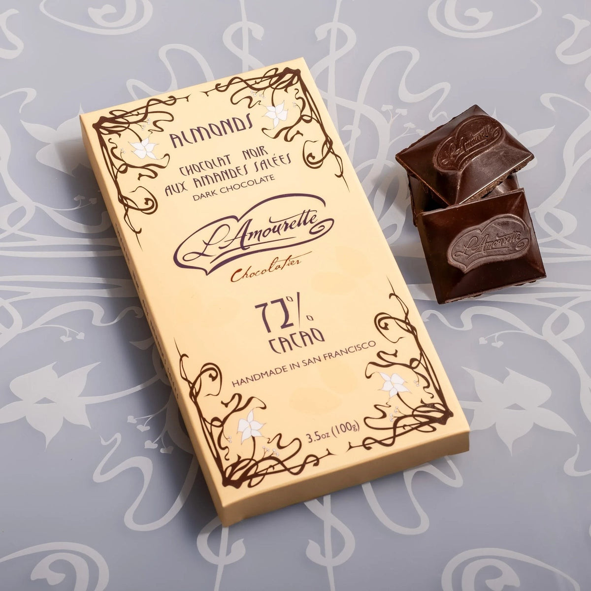 L'Amourette Chocolat 72% Dark Chocolate with Salted Almonds Bar, front of the package