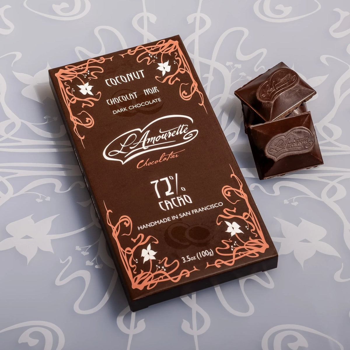 L'Amourette Chocolat 72% Dark Chocolate with Coconut Toasted in Honey Bar, front of the package