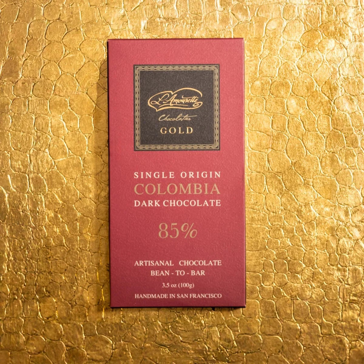 L'Amourette Chocolat Colombia 85% Dark Chocolate Bar, front of the package