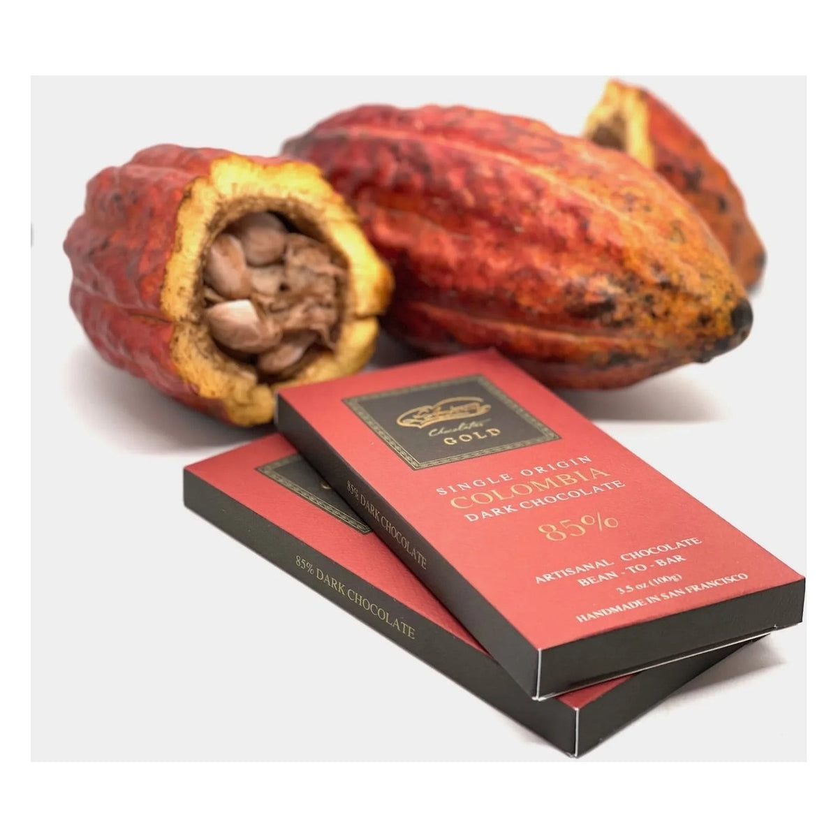 L'Amourette Chocolat Colombia 85% Dark Chocolate Bar styled on a table