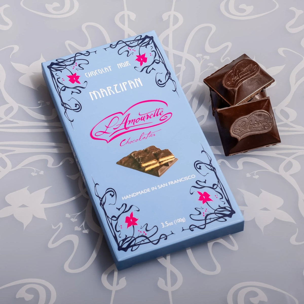 L'Amourette Chocolat 72% Dark Chocolate with Marzipan Bar, front of the package